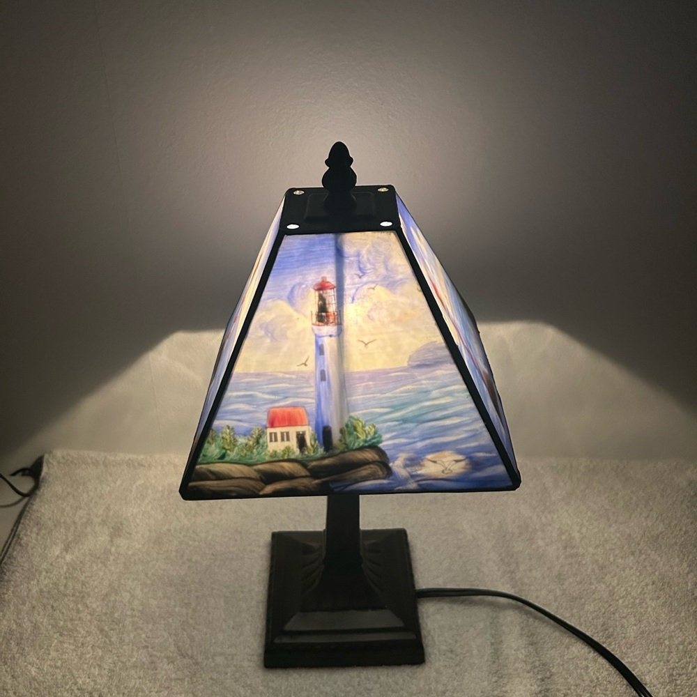 14" Tiffany Style Glass Ocean, Lighthouse, Nautica View Desk Lamp